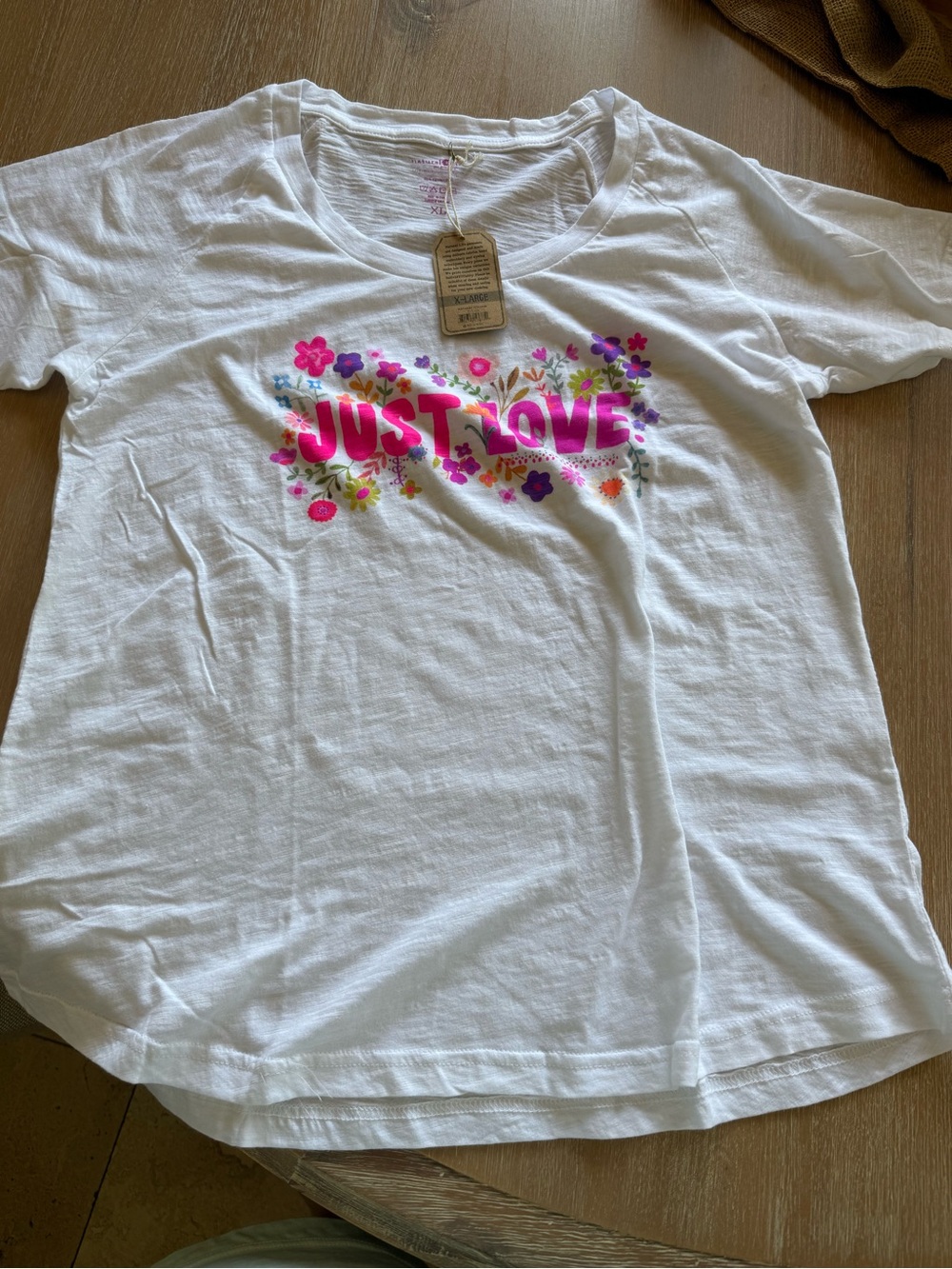 NATURAL LIFE White Short Sleeve Tee with Pink Floral "JUST LOVE" Graphic